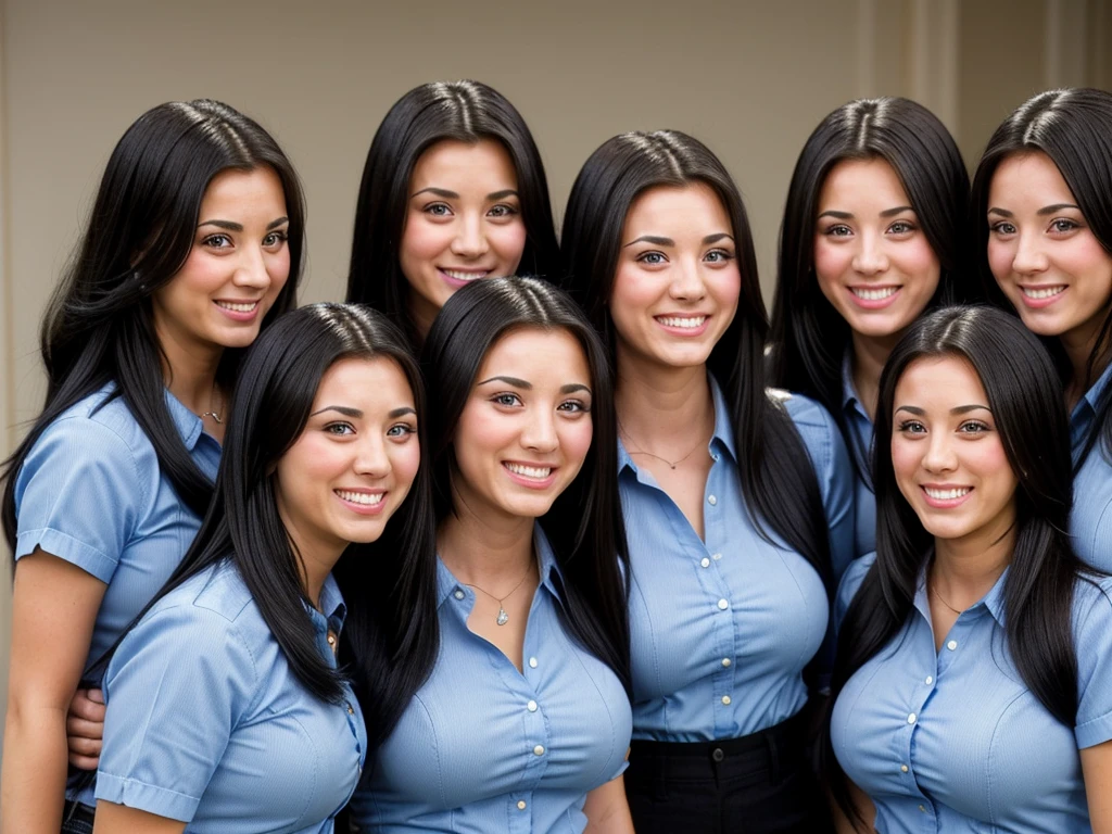 k4l3yc, A group of smiling busty black-haired clones wearing identical clothing pictured with another group of smiling busty black-haired clones wearing identical clothing