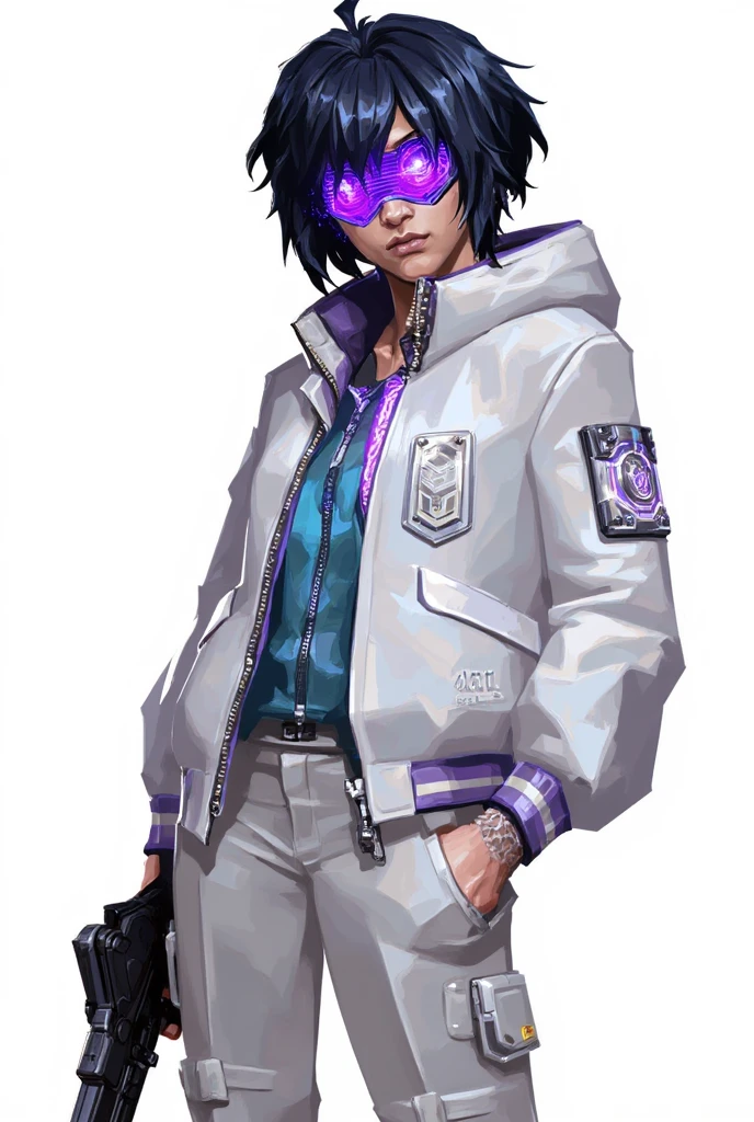 valorant style, stylized digital illustration,  Patch rocks a sleek white combat suit that's deliberately messy - covered in real programming patches sewn on like badges of honor. Her signature look is a glitching holographic visor that flickers between purple and blue, matching the pulsing circuits running down her arms. She's got this beat-up old bomber jacket thrown over the suit, customized with exposed wiring that she definitely installed herself. Her messy black hair has these subtle purple data-stream highlights that glow when she uses abilities.