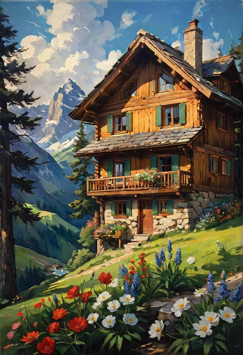 cabin, alps, pine trees, flowers, clouds,