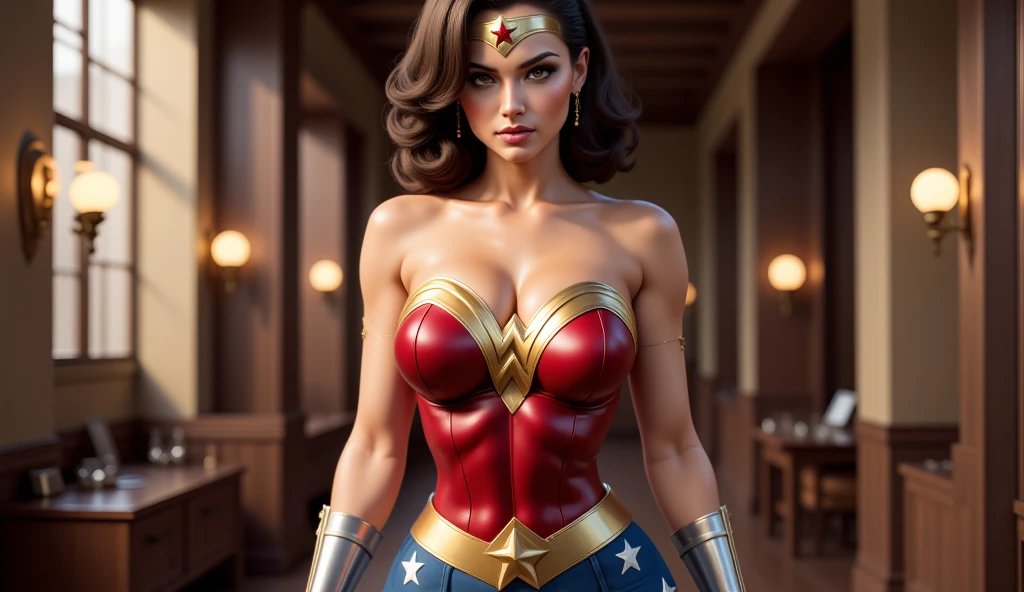 Sexy Lynda Carter as a beautiful female superheroine , green eyes brown hair, ponytail, red crop shirt, with a golden Star, wears a golden tiara on forehead with a red gem in her head , golden bracelets, long red boots, and small red shorts