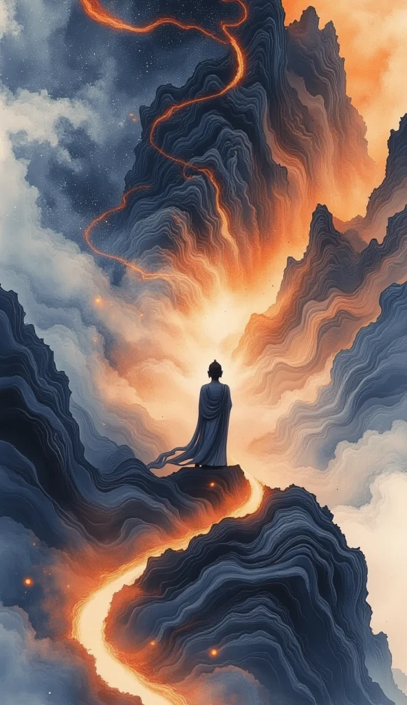 Buddha stands on a cliff and looks up at the starry sky, （ Exquisite silhouette），Duality， surrounded by a vortex of cosmic energy ， shrouded in a fantastic mist 。Figure in a flowing robe .，Elegant，Light， merging with the flow of heaven and earth 。 The sky is dark purple and blue tapestry ，星Light点缀， The landscape below suggests soft 、Rolling mountains，星Light灿烂,  fantastic numbers , Ethereal精华, Unreal fantasy,  ethereal beauty ,  digital art fantasy , beautiful fantasy painting,  exquisite fantasy art , Stunning fantasy art, Inspired by  Cyril Rolando  ( Cyril Rolando ),  fantasy art style,  gently swirling magical energy ,  fantasy numbers ,  fantasy numbers 艺术, Ethereal, of Unreal fantasy，Artistic Beauty ，Gold Thread。Tracking Gold。
