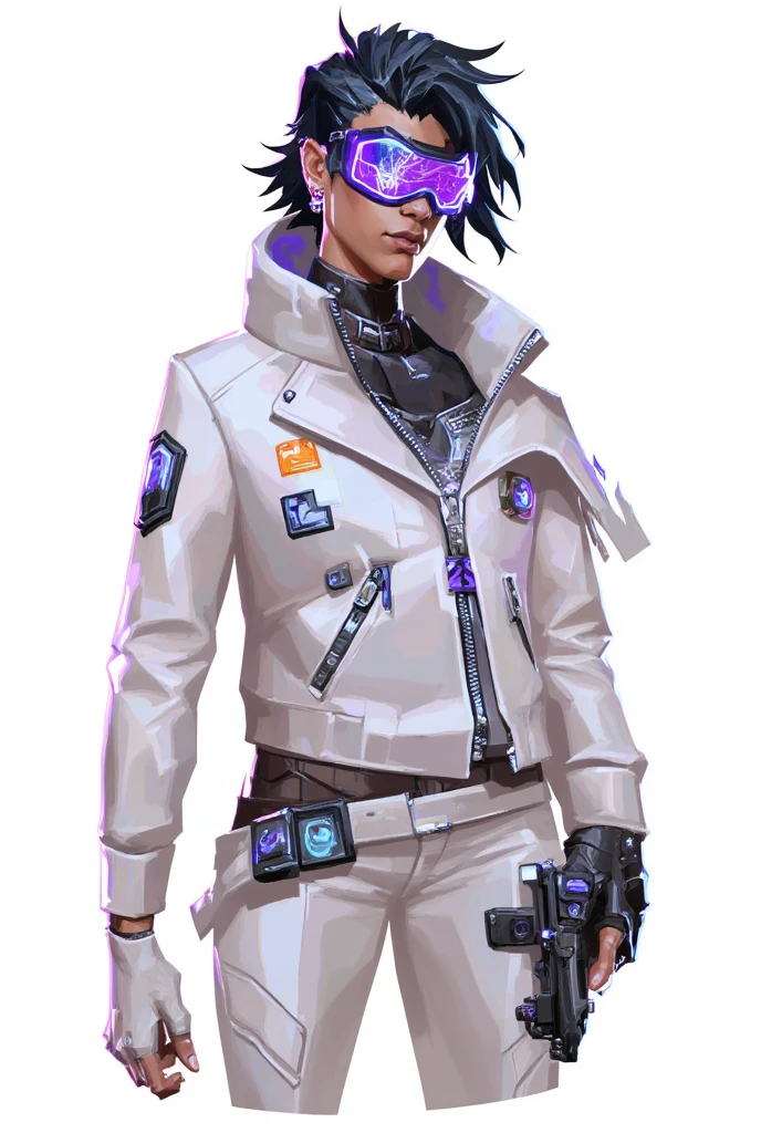 valorant style, stylized digital illustration,  Patch rocks a sleek white combat suit that's deliberately messy - covered in real programming patches sewn on like badges of honor. Her signature look is a glitching holographic visor that flickers between purple and blue, matching the pulsing circuits running down her arms. She's got this beat-up old bomber jacket thrown over the suit, customized with exposed wiring that she definitely installed herself. Her messy black hair has these subtle purple data-stream highlights that glow when she uses abilities. white Background, white background 