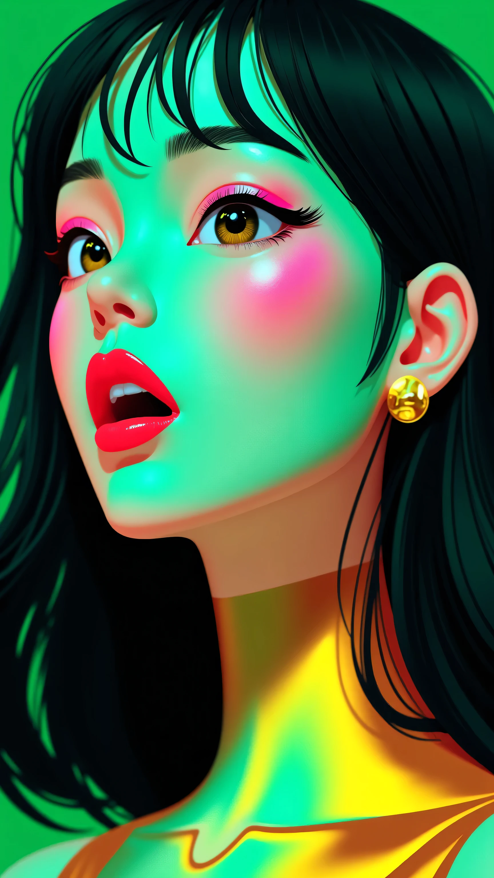80’s glam rock makeup on shiny face, asian girl, anime, 2.5D, moody lighting, (green, pink, gold), pretty, sexy, minimal, sleek, slender, asian, elegant, futuristic, retro, sophisticated half human half machine, mouth open wide, Kizi,(eyes looking off to side), Highly detailed, Amazing work,Vitreous luster, blues, yellows, Best quality at best,shiny skin, no background, colorful background, green background, pink background, gold, background, plunging neckline, sexy pose, dynamic pose, heavy blushing, huge breasts, cleavage, full body, thigh highs,