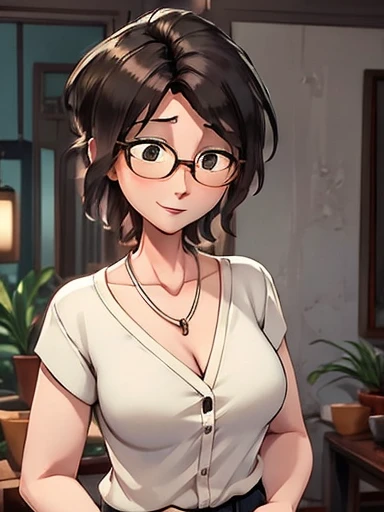 (Masterpiece: 1.0), Best quality, Aunt Cass Hamada from Big Hero 6, mature, 35 years old, men's white dress shirt, shirt open,  shirttails out, white bra,  jeans, necklace, friendly expression, tall slender build, much smaller breasts, grey hair in a ponytail, glasses, oil painting  