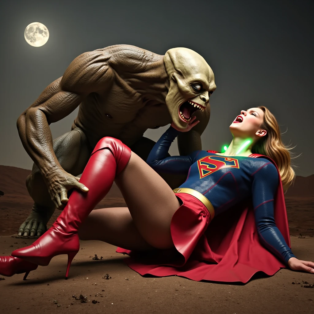 Supergirl is fighting with a big alien monster, very bright white skin, can see whole body, She is wearing a thin black pantyhose, short red leather fabric skirt, red knee height long boots, blonde hair, lighting green collar on her neck, She is screaming in pain, seriously injured, painful, a huge body fierce Alien Monster hold and carry Supergirl body, the Alien Monster seize her body tightly and bite her neck, photorealistic, hyper realistic, night time on the Mar with moon lighting,