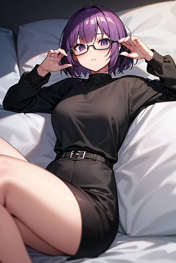 Anime girl 18 years old short black hair short black polo shirt purple iris round sunglasses