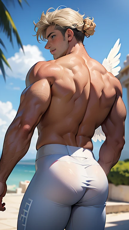 masterpiece, ((masterpiece)), Best quality, complex parts, perfect Whimsical, gentle, a little feminine face, detailed face, Highly detailed and fine figurine, ultra-realistic, detailed body, detailed pectoral muscles, ((Boy's focus)), detailed muscles, convex,  (((A handsome boy, ))), athletic build, ((ideal body)), aesthetically beautiful, erotically tempting, seducing, offering himself With a beautiful sexy tango panti With round perfect buttocks, Rear view from bottom to top muscular, sweaty after a workout, In a Venetian mask with peacock and bird of paradise feathers, In White, red and gold colors, diamond chips all over the body , Watercolor, in the style of Caravaggio 