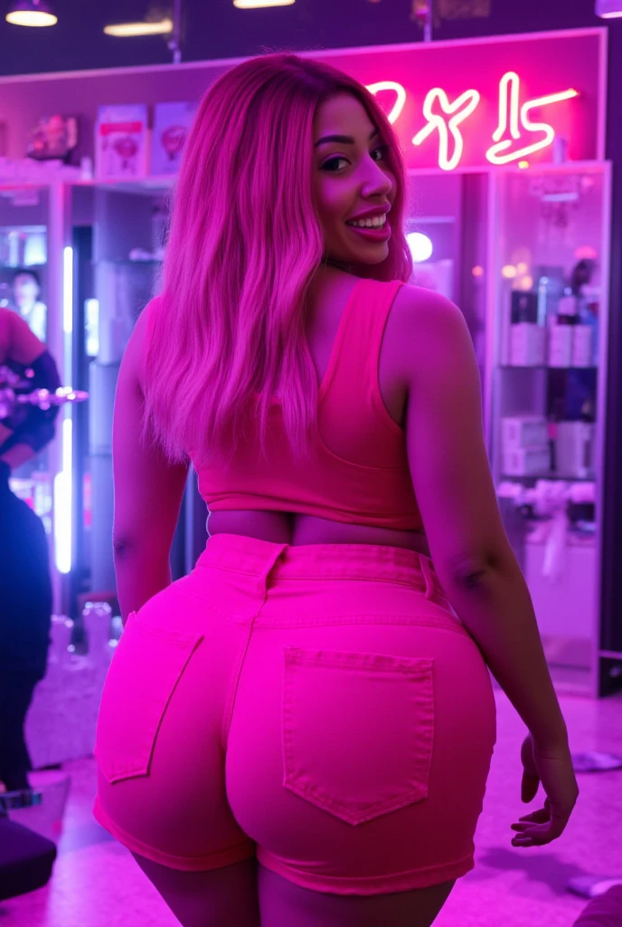 (full body photo:1.3), solo, (from below)1.2, (stylish bun haircut) (huge natural breasts)1.3, (futuristic, nightclub, neon light), (standing pose), (black tights and white wool socks)1.3, (pink tube-top) (purple tight mini skirt)1.2, (black tights and white wool socks)1.3 (Platform Dr Martens boots)1.2, (wide hips, curvy, thick thighs muscular legs)1.2, intricate detail, ((random ethnicity from Europe and America) mature female)1.2 posh, (environmental portrait), perfect eyes, looking at viewer, showing ass