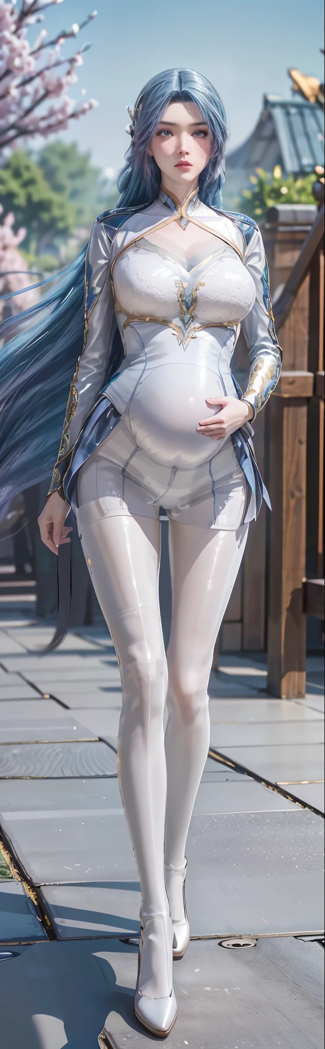 ((top quality, 8k, masterpiece: 1.3)), Wang Qiuer, QiuEr , Alone, blue long hair, blue hair, breasts, blue eyes, open eyes, split sleeves, skinny , transparent, dark blue, dress, transparent panties, dark blue, twisted braid, long braid, jewelry, gold accessories, gorgeous accessories, Complex, delicate lips, long hair, medium breasts, outdoor, closed lips, petals, peach blossoms, slender figure: 1.2), dark brown hair, (outdoor, shirt, shorts: 1.1), ultra detailed face, detailed lips, detailed eyes, double eyelids, (huge breasts: 1.2), (huge pregnant:1.3), ((white pantyhose:1.4))