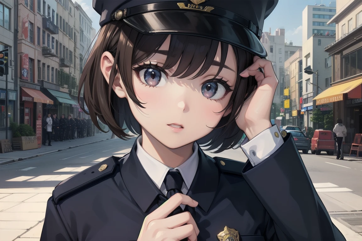 photoRealstic、hight resolution、Beautiful Female Police Officer、Smoking cigarettes、Blue Uniform（police officers）、police station、burst into laughter、close your eyes and laugh、A dark-haired、Fine-textured skin、Darker makeup、eye make up、Light brown eyes
