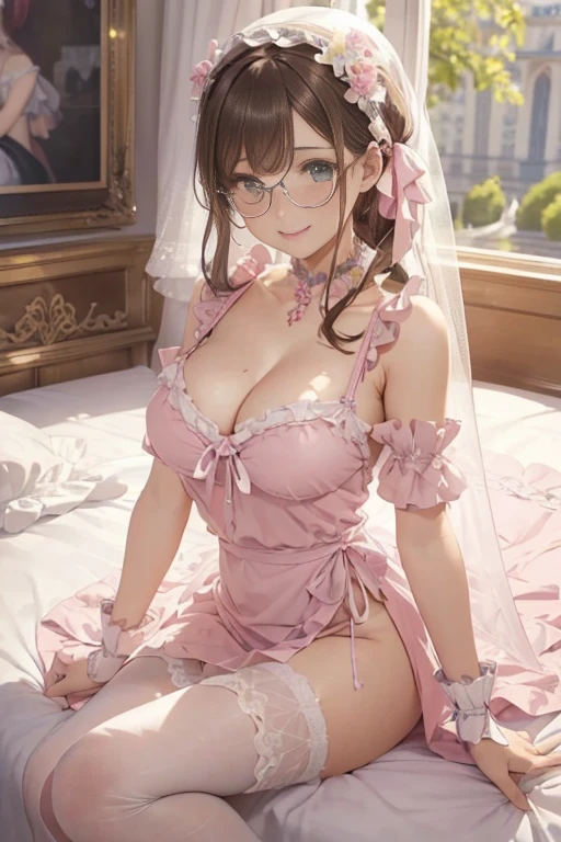 (((drooing eyes,put on glasses,Small eyes,roundly eyes,Round face,Medium Hair,saggy tits))),((green silk lingerie)),8K, masutepiece, Raw photo, Best Quality, Photorealistic, Highly detailed CG Unity 8k wallpaper, depth of fields, Cinematic Light, Lens Flare, Ray tracing, (Extremely beautiful face, Beautiful lips, Beautiful eyes), intricate detail face, ((Ultra detailed skin)) 1girl in, In the Dark, deepshadow, cute asian girl, Idol,(Very slim and slender fit muscular body:1.3), ((Looking at Viewer)),(Big smile:1.3), (Cityscape, Blurry background), (dim lights, teto, veranda), Pretty girl, earrings, Bracelets, Necklace, Walking , Front shot, (pale skin), Face forward, (Big eyes), ((cowboy  shot)), ((see through, show through,White pajamas :1.3,Pink nightgown:1.3)), (Brown hairs) (Looking at Viewer:1.3), opened breast, open navel, beautiful boob, shiny, veranda, (Naked), (laced stockings)