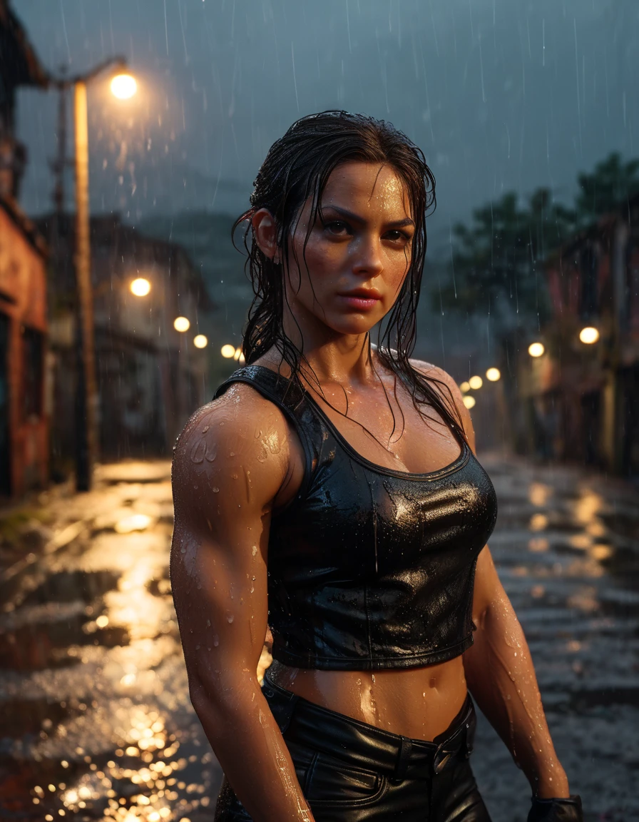 realist:1.3,( fotorrealist, 8k, RAW Photos, Premium quality, masterpiece, epic lighting. close up, Centered image), (foreground),((1 cute girl self-confident well-formed muscles, flexing bicep pose, muscular, post apocalyptic, guerrero, Perfectly detailed face and body, (foreground), rainy scene, poor lighting due to rain,(( face and body wet from the rain:1.5)),lightning lighting, dynamic pose, beautiful and detailed hair, Leather Clothes)), ((Imaginative scene)),((perfect, meticulously detailed.:1.3)), ((full shot: 1.4)), ((best quality )), ((masterpiece)), 3D, (hyper detailed: 1.3), ((Epic Scenery: 1.3)), ((night background: 1.3 ))), (((night:1.2))), ( Photorealistic: 1.4), ((Front camera)),( (Low-light night cinematic lighting: 1.2)). 32, (big biceps)