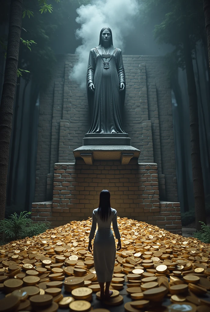 (masterpiece, best quality:1.2), woman join a treasure hunt in deep dark forest, Statue in the Deep dark Forest, dark smoke on statue, Statue is inside the brick wall, Statue sit on tons of gold coins, statue is dark evil shape with dark smoke