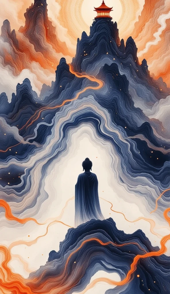 Buddha stands on a cliff and looks up at the starry sky, （ Exquisite silhouette），， surrounded by a vortex of cosmic energy ， shrouded in a fantastic mist 。Figure in a flowing robe .，Elegant，Light， merging with the flow of heaven and earth 。 The sky is dark purple and blue tapestry ，星Light点缀， The landscape below suggests soft 、Rolling mountains，星Light灿烂,  fantastic numbers , Ethereal精华, Unreal fantasy,  ethereal beauty ,  digital art fantasy , beautiful fantasy painting,  exquisite fantasy art , Stunning fantasy art, Inspired by  Cyril Rolando  ( Cyril Rolando ),  fantasy art style,  gently swirling magical energy ,  fantasy numbers ,  fantasy numbers 艺术, Ethereal, of Unreal fantasy，Artistic Beauty ，Gold Thread。Tracking Gold。
