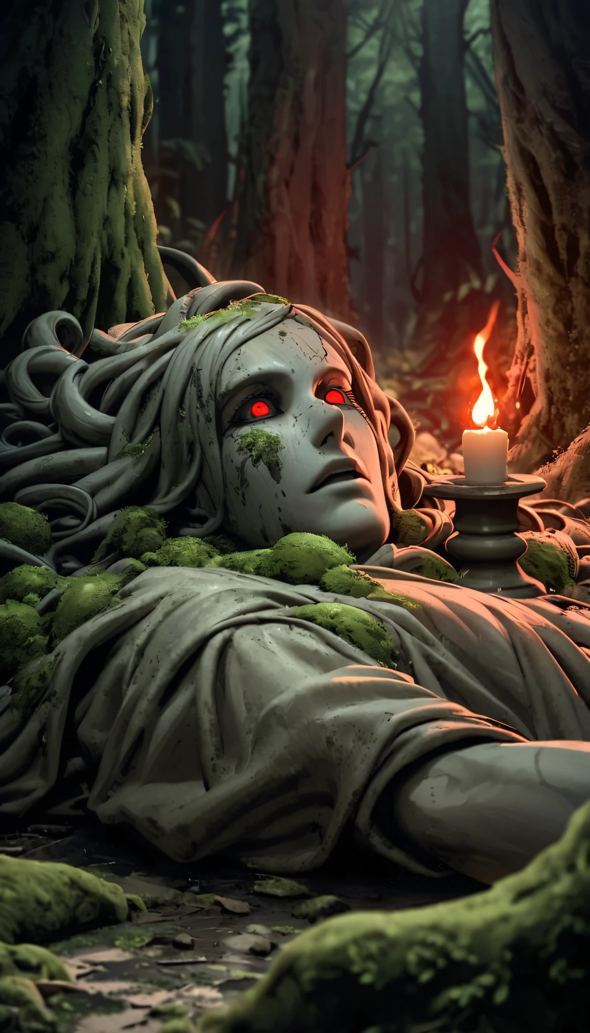 one cursed statue deep in the forest, turns anyone who finds it to stone, its head has collapsed and is lying on the ground, its eyes are emitting a frightening red light, the entire statue is covered in moss and large trees, the statue is the only light shining in the dim forest, a terrifying aura emanates from the statue, suspicious offerings have been made, and a suspicious candlestick is lit