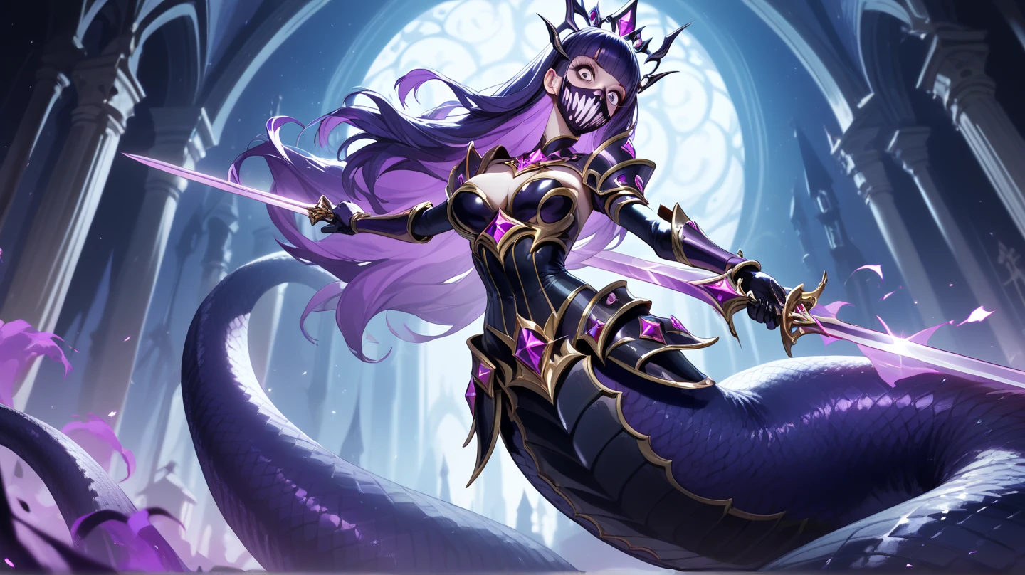 A beautiful girl with a monster motif with aquatic characteristics. She wears sharp purple clothes as her main color.、Each part is glowing green. Her huge mouth is lined with sharp fangs. She has an emotionless look. --auto