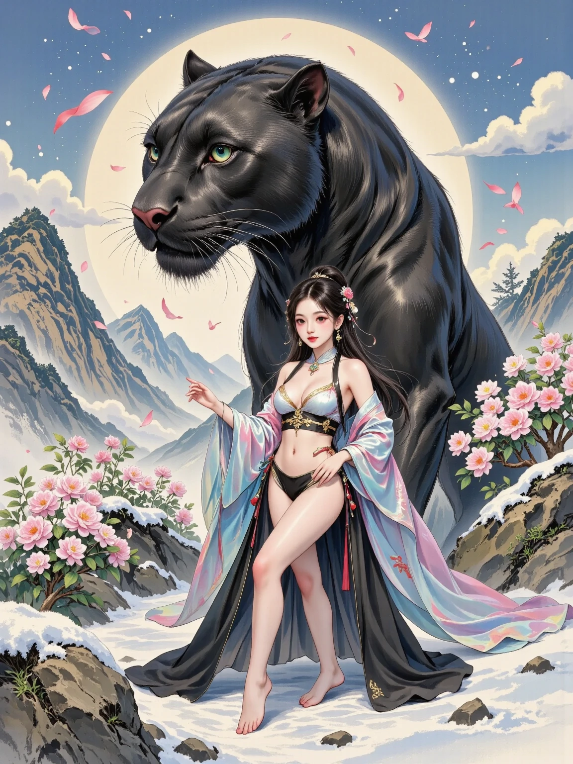 (( A beautiful young Oriental woman ，身着gorgeous的中国汉服，Her long hair flutters，Graceful figure， The huge black panther next to it adds a mysterious atmosphere 。Snow floats in the sky ， She's standing on a snowy ground ， Like a fairy coming out of a dream ， The whole picture is full of fantastic quality and exquisite details， like a scene in a movie )), watercolor， large-scale smudging ，Gradient，illustration，illustration， solid color background ，cute， mature， Chinese style，gorgeous，grace，Full of creativity ，pride,  1girl , 8k, high resolution, NSFW, from below, (very very very very very very very very huge breasts), huge pelves, inner flesh, splatoon, strong eyes, arms behind head, armpit, (marina:1.2), (dark skin:1.4), Black wear, Golden Bikini, cleavage, wet skin, tentacle gleaming hair, (pubic pink tattoo), confident, expression, holding, statement, in the beach, looking at viewer, disappointed, disdain, (frown:0.7)，Sexy，charming， overall color uniformity， art，advanced， painting design 