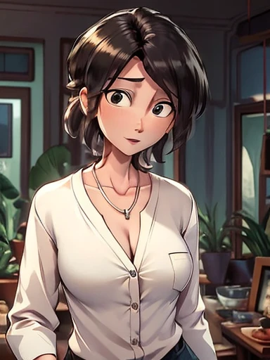 (Masterpiece: 1.0), Best quality, Aunt Cass Hamada from Big Hero 6, mature, 35 years old, (men's white dress oxford buttondown cotton shirt), shirt open, shirttails out, long sleeves, white bra,  jeans, necklace, friendly expression, tall slender build, much smaller breasts, grey hair in a ponytail, full body shot, oil painting  