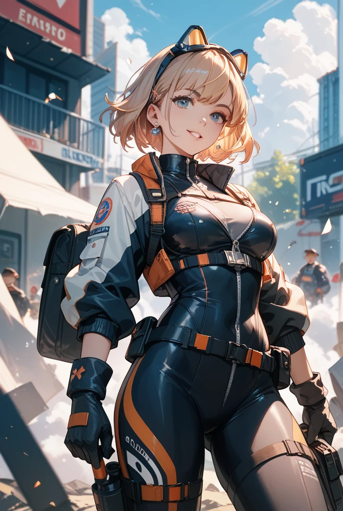 (1 girl),(Masterpiece),(High quality image),(perfect workmanship),(perfect image quality),(perfect image resolution),(Yellow eyes, cat's pupils),(short blonde hair with two pompoms),(beautiful eyes),(perfect resolution),(himiko toga),(anime),+,(Boku no hero academia),(Yellow eyes with cat's pupils),(short blonde hair with polka dots),(wearing),+,(a black jacket with denim shorts)