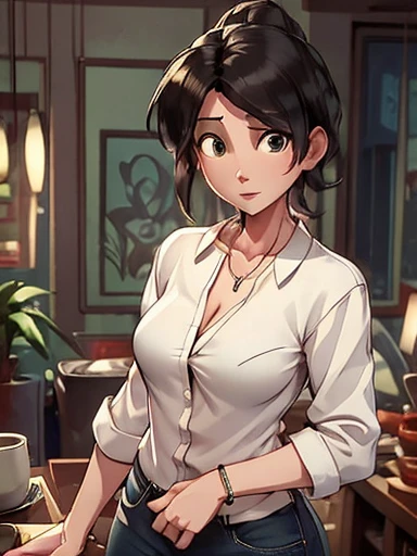 (Masterpiece: 1.0), Best quality, Aunt Cass Hamada from Big Hero 6, mature, 35 years old, (men's white dress oxford buttondown cotton shirt), shirt open, shirttails out, long sleeves, white bra,  jeans, necklace, friendly expression, tall slender build, much smaller breasts, grey hair in a ponytail, full body shot, oil painting  