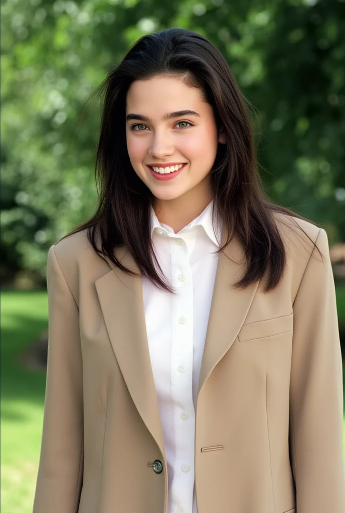 (masterpiece, best quality:1.3), 1girl, Alone, full body shot, 
she wear in tidy beige blazer school uniform and white shirt., 
beautiful neckline.,
beautiful legs.,
young Jennifer Connelly at , 
pure innocent face, 
sweet smile, 
sweaty face.,
with cute face yet with precocious female body,
no make up, flawless pale skin, 
healthy youthful fresh succulent smooth fair skin,
joyful smile,
plump cheeks, light colored eyes,
scooped nose arched high with a turned-up tip,
plump blreasts, broad shoulders, 
dark straight long hair.,
she is in a sunny garden.,
under bright natural light illuminating on her face,