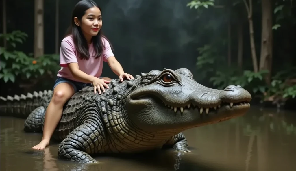 amira is riding big crocodile on its back, in the swamp, dramatic lighting