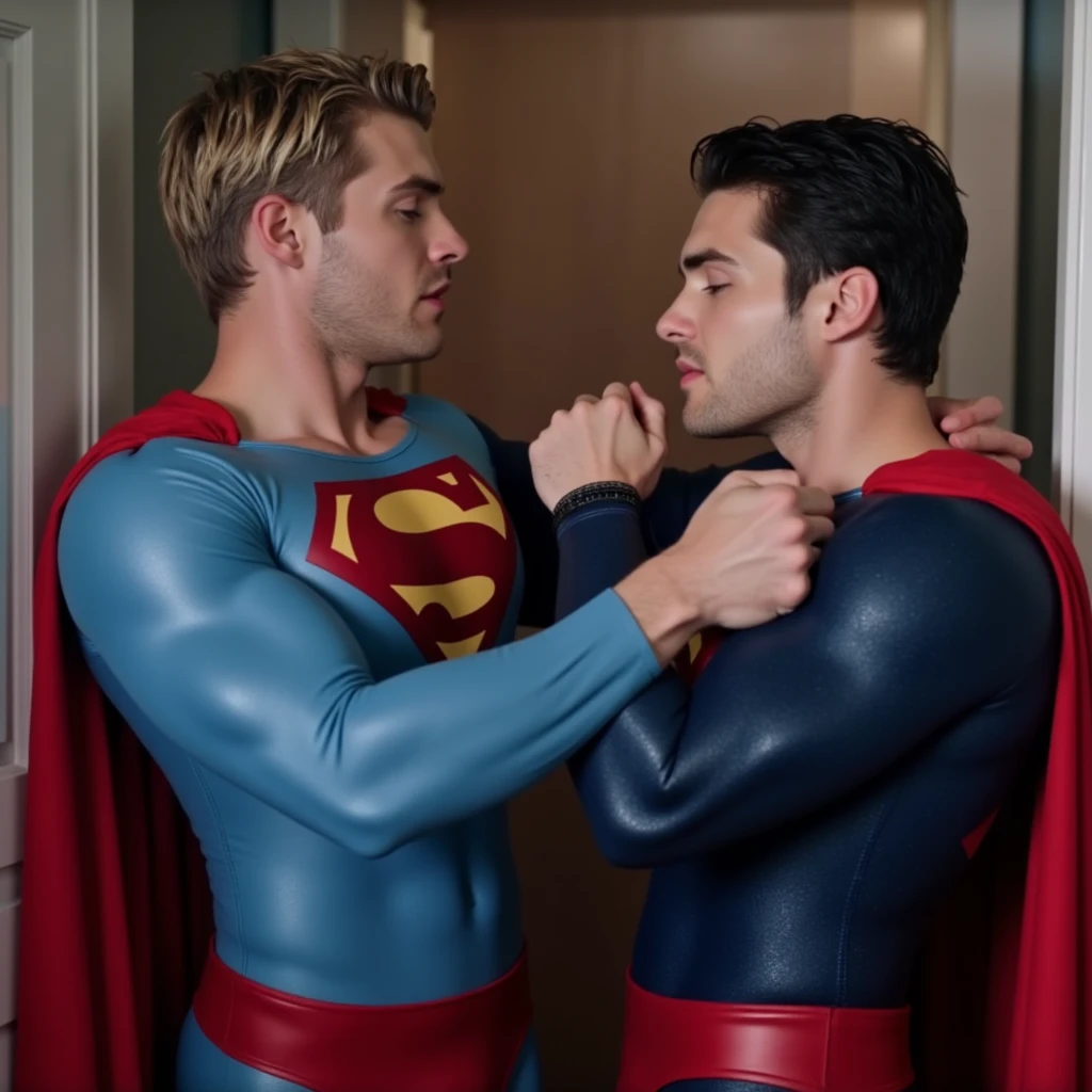 two men dressed in superhero costumes. Both costumes are predominantly blue with red capes and boots. Zafer The man on the left has short dark blond hair, angry and is wearing a light blue costume with a large red 'S' emblem on the chest, a red belt, and red briefs over the light blue suit. The man on the right is Cody Christian he has short dark hair and is wearing a dark blue costume with a slightly different 'S' emblem design, His facial expression is intense, with a clenched jaw and eyes shut tight, suggesting a struggle, arms down. The men are interacting, with the man on the left is holding the other man's neck with his hand, He is raising his fist in an aggressive manner, suggesting a struggle The man on the right is weakened or unconscious, eyes closed