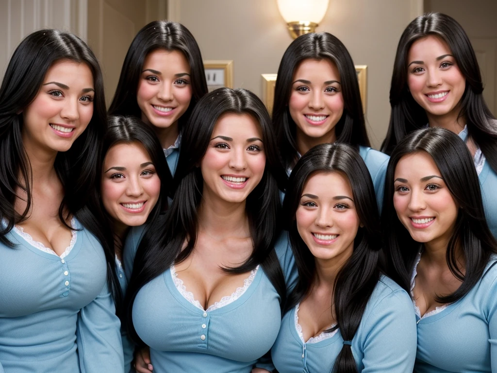 k4l3yc, A group of smiling busty black-haired clones wearing identical clothing pictured with another group of smiling busty black-haired clones wearing identical clothing