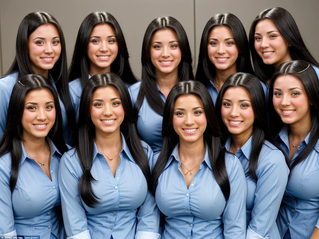 k4l3yc, A group of smiling busty black-haired clones wearing identical clothing pictured with another group of smiling busty black-haired clones wearing identical clothing