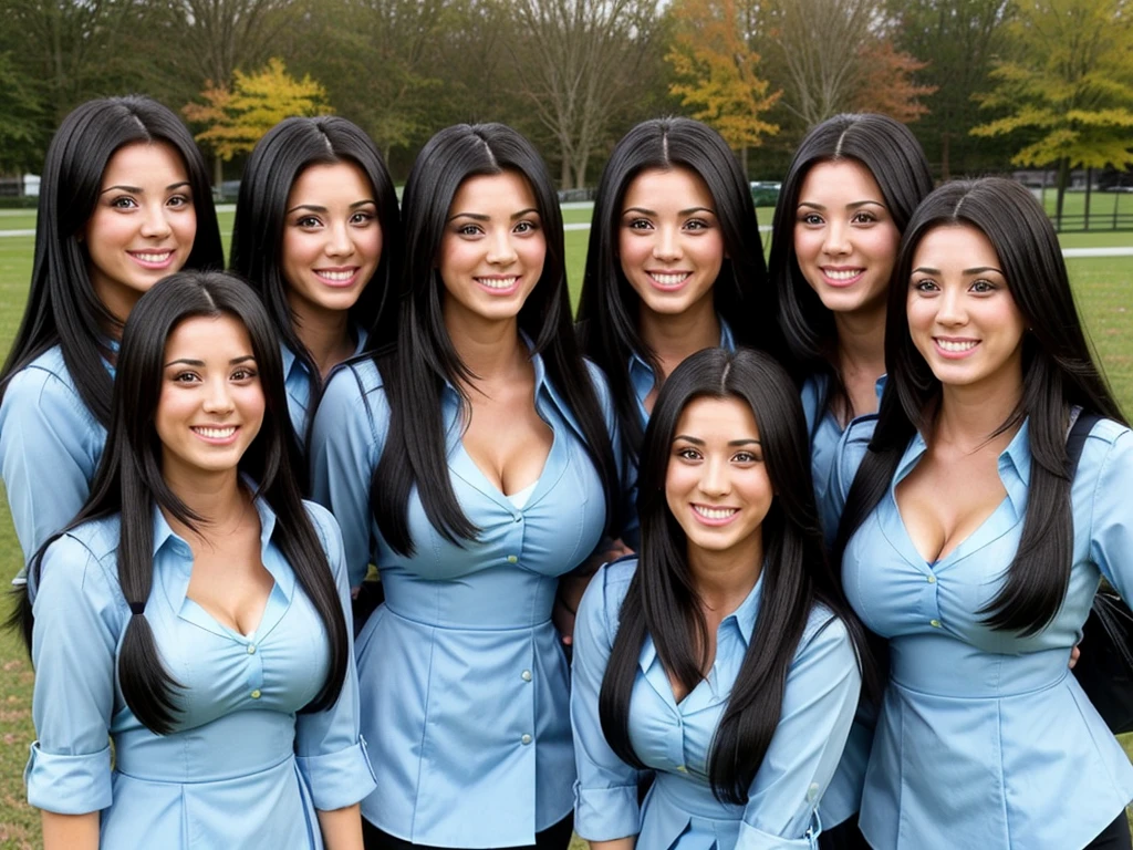 k4l3yc, A group of smiling busty black-haired clones wearing identical clothing pictured with another group of smiling busty black-haired clones wearing identical clothing