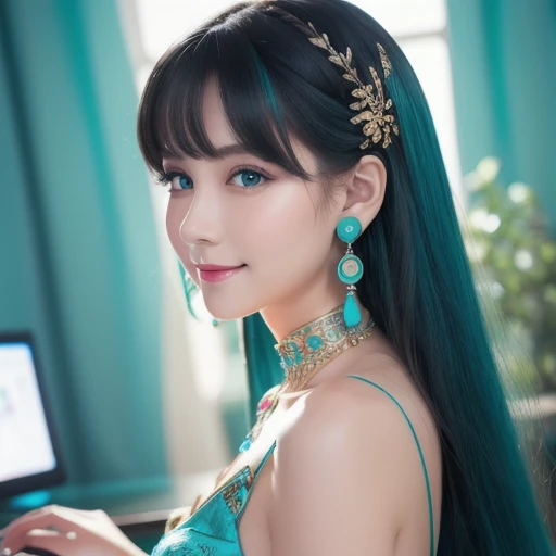 (masterpiece, realistic:1.3), (extremely intricate:1.2), (photorealistic:1.4), (extremely delicate), (ultra realistic:1.3), (modelshoot style), hyperrealistic photography, extremely detailed, 8k wallpaper, UHD, HDR, RAW photo, dslr, hyper realistic, puffy lips, long diamond earrings, (Japanese beauty Japanese mixed:1.2), (realistic skin:1.4), (sweaty:1.1), thick thighs:1.1, narrow :1.1), (green_hair, long hair, straight hair:1.3), red_eyeshadow, red lips, tongue out, mouth open, eyes_smile, (holographic iridescent metallic blue latex dress:1.4), (sunlight_on_front_face:1.3), makeup, ultra detailed irises, perfect eyes, perfect face, detailed face, (A picture of a girl and hotel:1.5), (full body:1.5)
