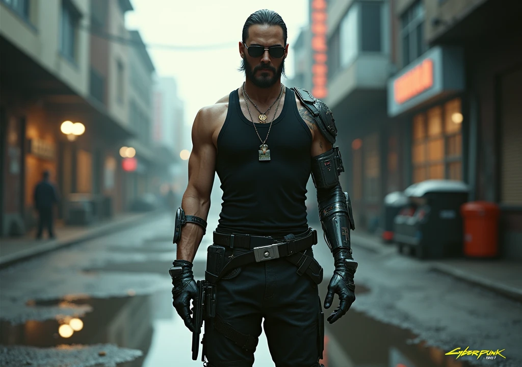 cenarios cyberpunk, homem pardo com barba e oculos robotico