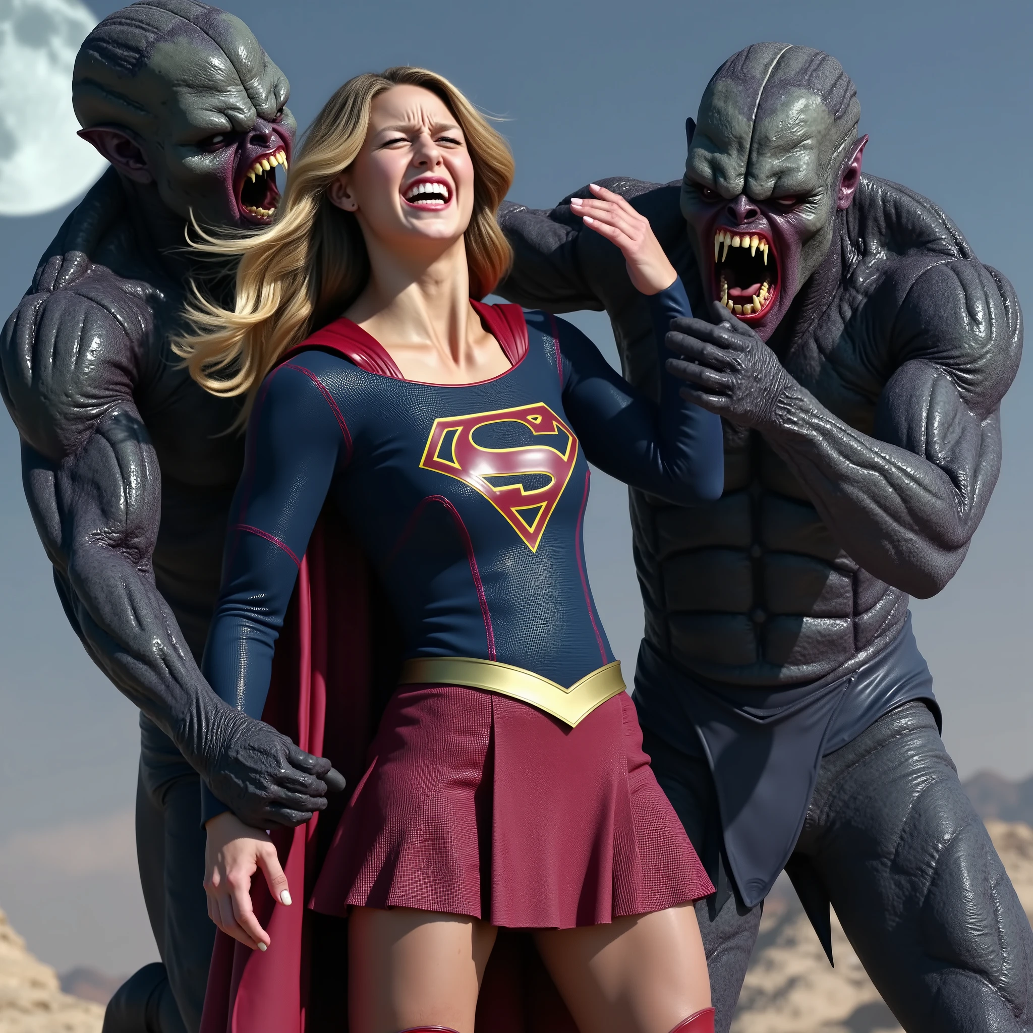 Supergirl is fighting with 2 big alien monsters, very bright white skin, can see whole body, She is wearing a thin black pantyhose, short red leather fabric skirt, red knee height long boots, blonde hair, lighting green collar on her neck, She is screaming in pain, seriously injured, painful, a huge body fierce Alien Monster hold and carry Supergirl body, the Alien Monster seize her body tightly and bite her neck, photorealistic, hyper realistic, night time on the Mar with moon lighting,