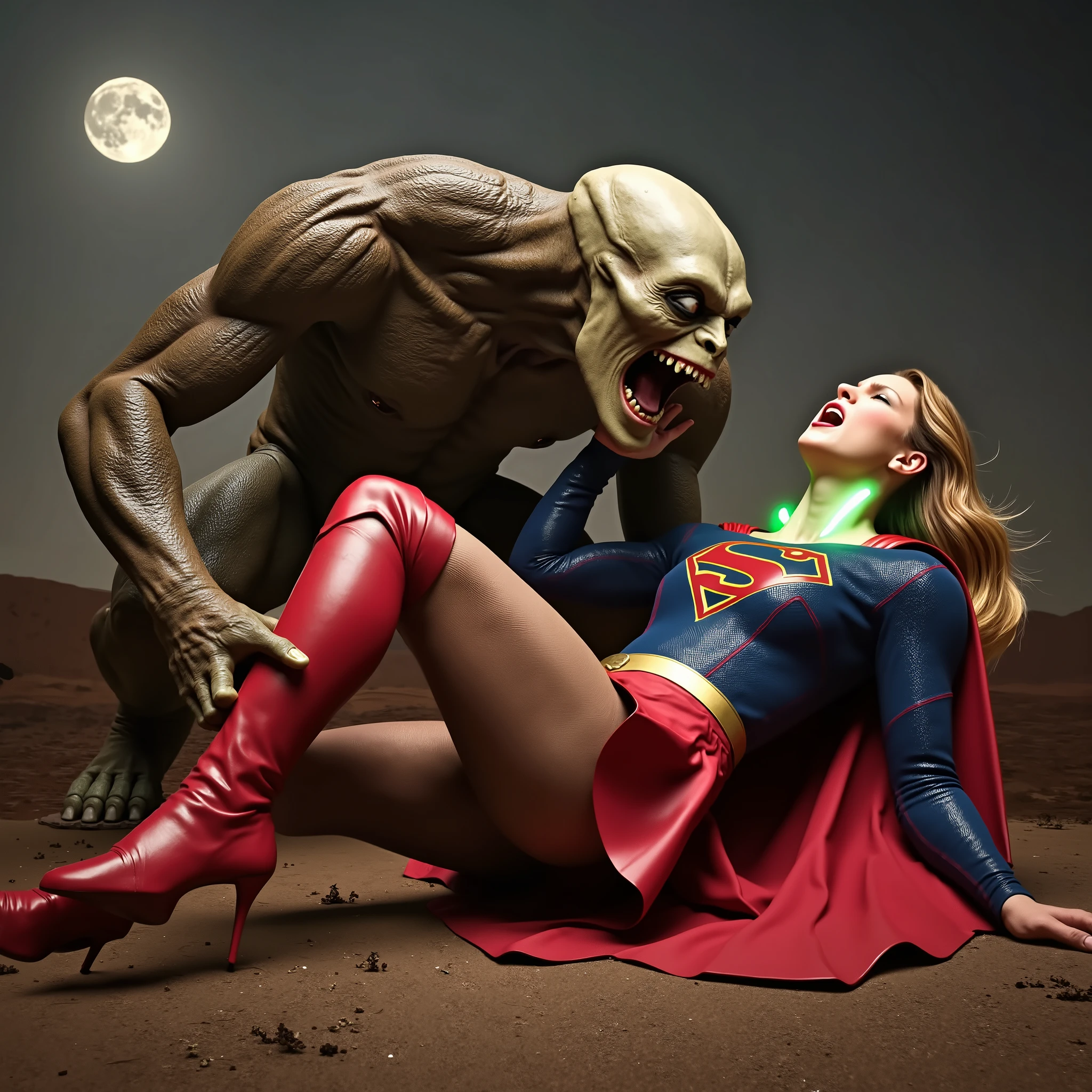 Supergirl is fighting with a big alien monster, very bright white skin, can see whole body, She is wearing a thin black pantyhose, short red leather fabric skirt, red knee height long boots, blonde hair, lighting green collar on her neck, She is screaming in pain, seriously injured, painful, a huge body fierce Alien Monster hold and carry Supergirl body, the Alien Monster seize her body tightly and bite her neck, photorealistic, hyper realistic, night time on the Mar with moon lighting,