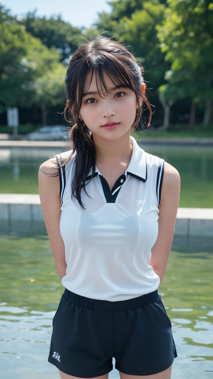 (Detailed face),((between legs)),chest,cute,Sleeveless white clothes,4K,Ultra-high resolution,(Photorealistic:1.7),Gray background,