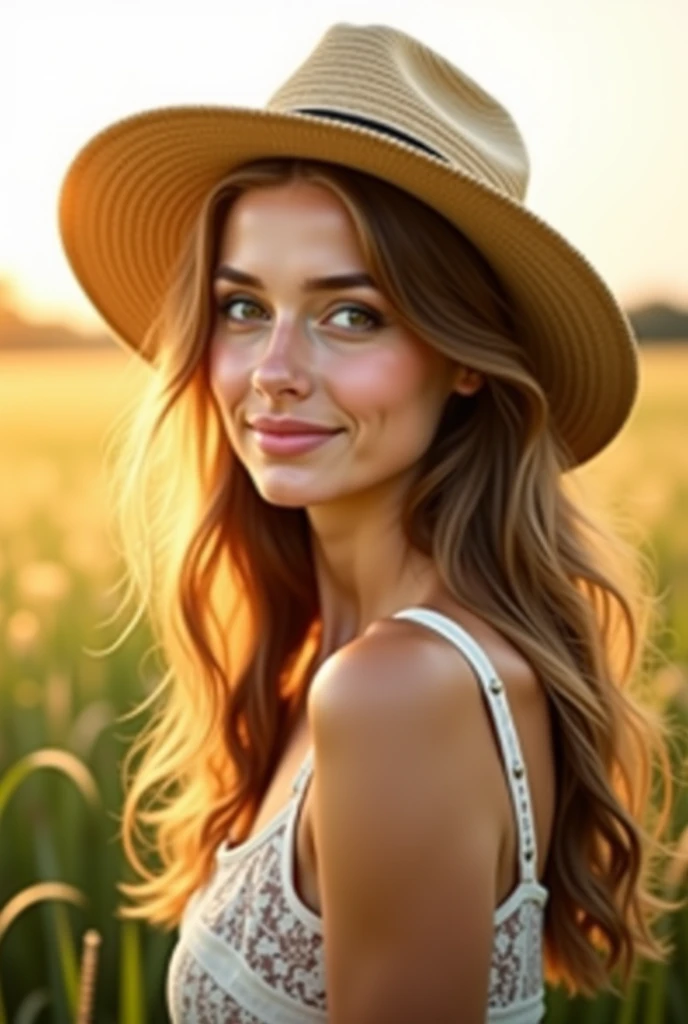 1 girl, young , 25 years old, sharp focus, depth of field, beautiful model, tall body, slim body, brunette, wavy hair, fashion hair, bright eyes, floral sundress, crop jacket:1.3, meadow, happy poses, happy smile, cowboy shot, dynamic light, masterpiece, ultra HD, raw photos, 4k, professional photographer, professional lighting, detailed face, detailed skin texture, perfect face, perfect hands