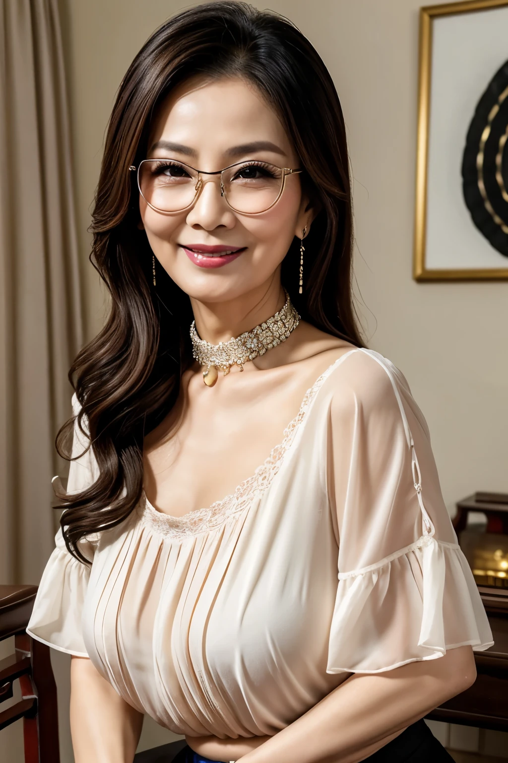 75 years old mom milf Chinese Lady large earring Big choker navel piercing decoration A bracelet realisitic Gorgeous Madame Beautiful Mature Woman sexly Smile Gentle woman navel piercing 4K High quality Summer Sweater Innerwear Cheek resting on hand