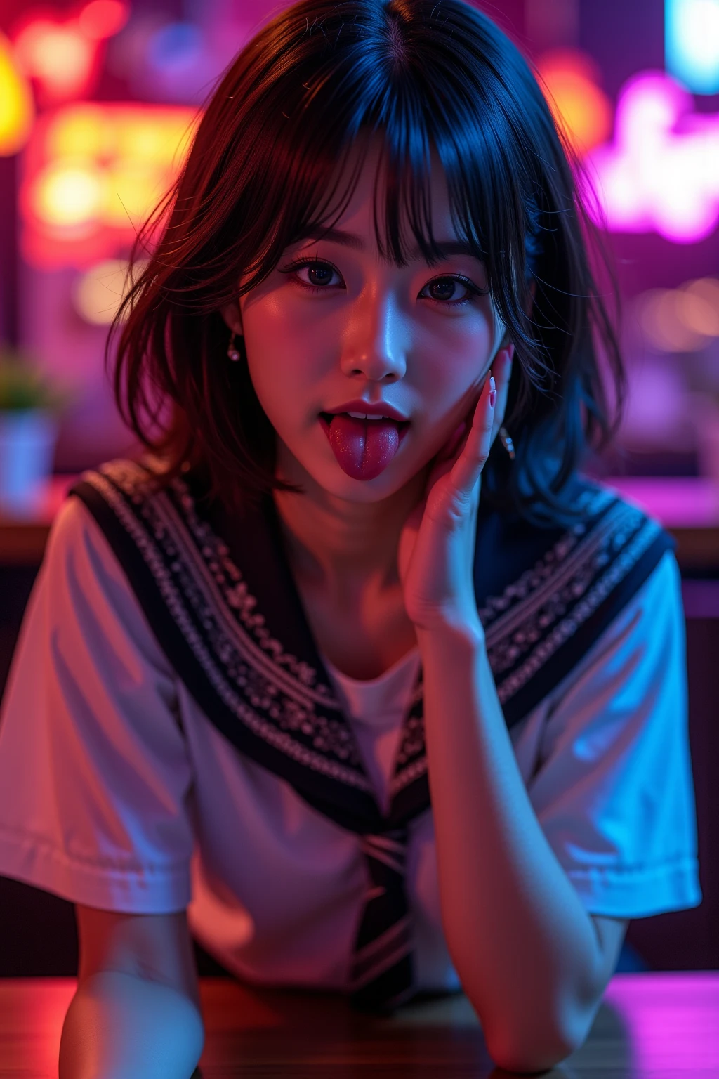 Inside Nightclub, (Raw photo: 1.2), of the highest quality, Beautiful detailed girl,  japanese,18years old,(fellatio gesture:1.5),(Squint your eyes
,chuckle,erotick eyes,seductive eyes,stick out tongue ,long tongue,front lighting,not too long tongue:1.3),BREAK,,(Lightly squeezed hand in front of mouth:1.5), very thin body,High resolution,allfours,8K Wallpaper,Highly detailed eyes and face, Beautiful detailed eyes, Fine detail, Highly detailed ticker uniform 8K wallpaper, Light on Face, Movie Lighting,  girl, Sexy Pose, (Photorealism: 1.4),bright place, From below, Super Detail, masterpiece,  On all fours,looking up,spot lighting,stick out tongue ,long tongue,front lighting,not too long tongue,not open eyes large,Luminous and colorful lighting setup for model photography,lens flare,, cinematic lighting, ray tracing,(not bad anatomy:1.3)