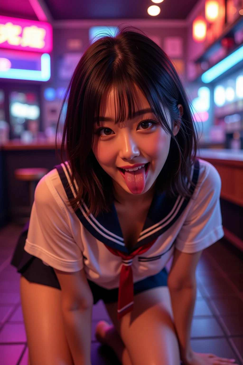 Inside Nightclub, (Raw photo: 1.2), of the highest quality, Beautiful detailed girl,  japanese,18years old,(fellatio gesture:1.5),(Squint your eyes
,chuckle,erotick eyes,seductive eyes,stick out tongue ,long tongue,front lighting,not too long tongue:1.3),BREAK,,(Lightly squeezed hand in front of mouth:1.5), very thin body,High resolution,allfours,8K Wallpaper,Highly detailed eyes and face, Beautiful detailed eyes, Fine detail, Highly detailed ticker uniform 8K wallpaper, Light on Face, Movie Lighting,  girl, Sexy Pose, (Photorealism: 1.4),bright place, From below, Super Detail, masterpiece,  On all fours,looking up,spot lighting,stick out tongue ,long tongue,front lighting,not too long tongue,not open eyes large,Luminous and colorful lighting setup for model photography,lens flare,, cinematic lighting, ray tracing,(not bad anatomy:1.3)