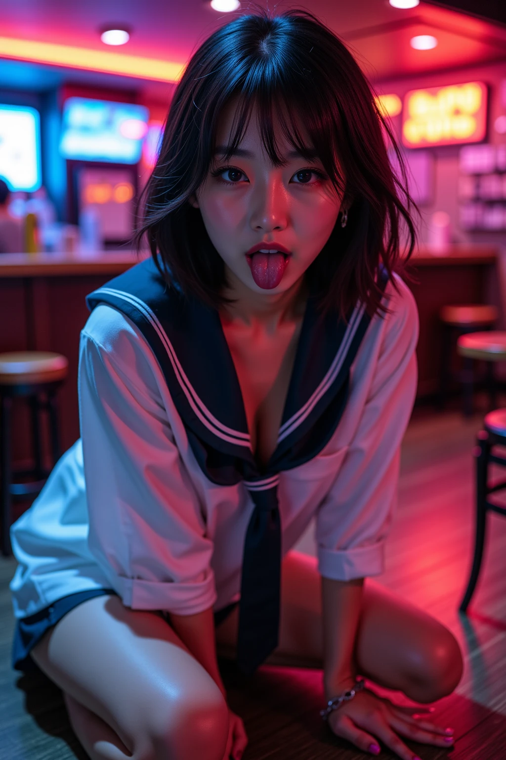 Inside Nightclub, (Raw photo: 1.2), of the highest quality, Beautiful detailed girl,  japanese,18years old,(fellatio gesture:1.5),(Squint your eyes
,chuckle,erotick eyes,seductive eyes,stick out tongue ,long tongue,front lighting,not too long tongue:1.3),BREAK,,(Lightly squeezed hand in front of mouth:1.5), very thin body,High resolution,allfours,8K Wallpaper,Highly detailed eyes and face, Beautiful detailed eyes, Fine detail, Highly detailed ticker uniform 8K wallpaper, Light on Face, Movie Lighting,  girl, Sexy Pose, (Photorealism: 1.4),bright place, From below, Super Detail, masterpiece,  On all fours,looking up,spot lighting,stick out tongue ,long tongue,front lighting,not too long tongue,not open eyes large,Luminous and colorful lighting setup for model photography,lens flare,, cinematic lighting, ray tracing,(not bad anatomy:1.3)