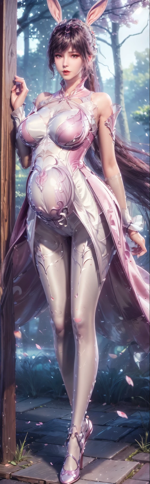 ((top quality, 8k, masterpiece: 1.3)), DLDLxiaowu, AgainXiaowu, Solo, brunette hair, brunette hair, breasts, open eyes, split sleeves, skinny, transparent, pink, dress, transparent panties, pink, twisted braid, long braid, jewelry, gold accessories, gorgeous accessories, complex, delicate lips, long hair, medium breasts, outdoor, closed lips, petals, peach blossoms, rabbit ears, pink rabbit ears, (slender figure: 1.2), dark brown hair, (outdoor, shirt, shorts: 1.1), ultra detailed face, detailed lips, detailed eyes, double eyelids, (huge breasts: 1.2), (huge pregnant:1.3), ((white pantyhose:1.4)), (((natural pose)))