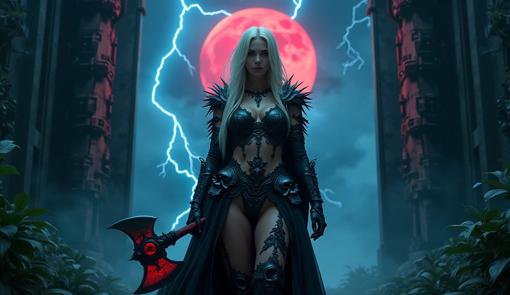 In a cinematic shot with an 8k resolution, a (magnificent goddess of death) stands tall amidst a thick (fog-shrouded cemetery) in the heart of a (jungle) at dusk. Her high-quality armor, comprising a black bikini and (skull-adorned pieces), glistens in the (pale red moonlight). Her long blond hair cascades down her back, framing her ravishing face and charming smile. Her (big blue eyes) seem to pierce through the darkness, as she holds her scythe at the ready. The dark fantasy atmosphere is palpable, with the fog obscuring visibility and the night air heavy with mystery. (Blue thunderstorm and blue flash in the Sky). (Big tits)