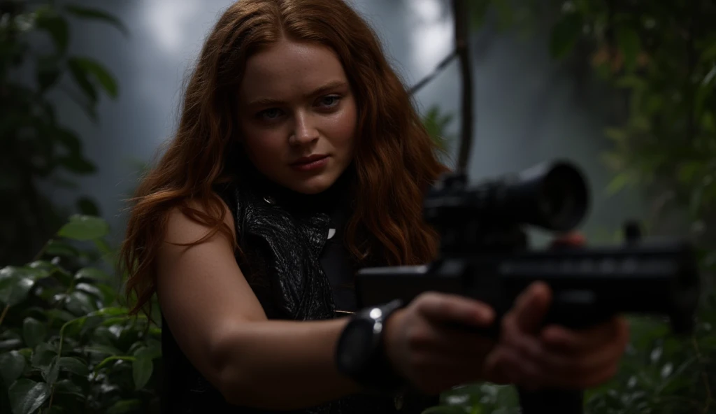 Sadie Sink in holding gun against Predator movie scene
