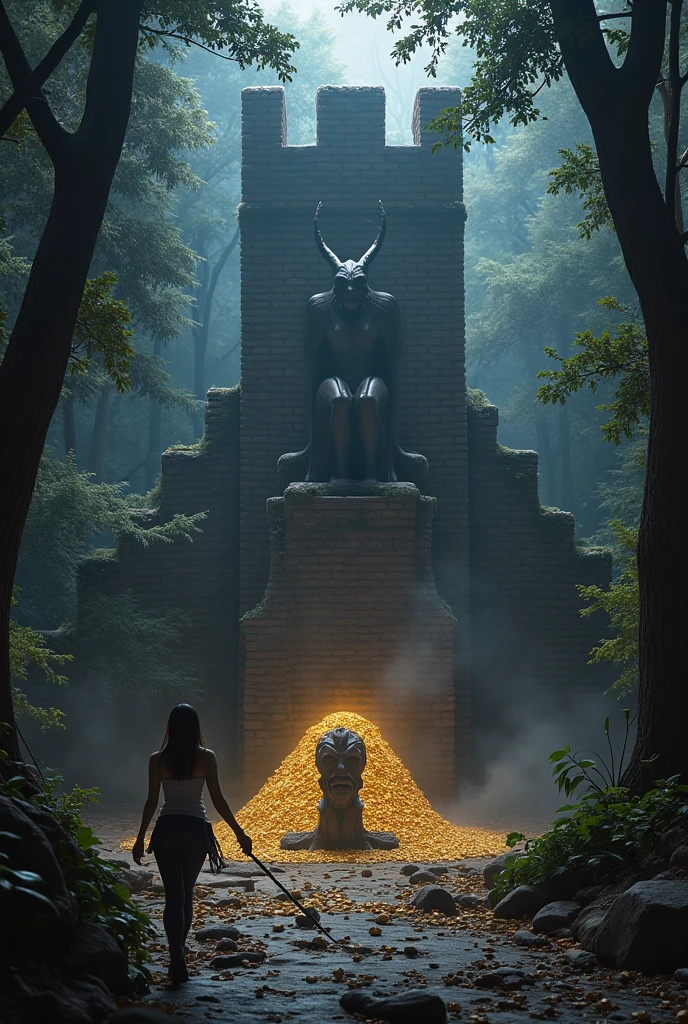 (masterpiece, best quality:1.2), woman join a treasure hunt in deep dark forest, forest is dim, Statue in the Deep dark Forest, black color smoke on statue, Statue is inside the brick wall, Statue sit on tons of gold coins, statue is dark evil shape with horn