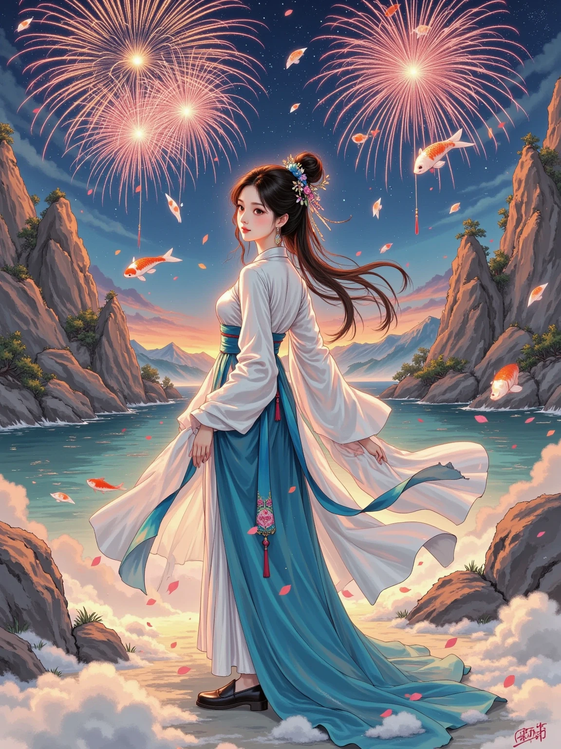 artistic conception，White Space，Rock Color，Gold Leaf， color particles , color curve ，Chen Jialing,Dark Night Glow,Neon colors ，close up， Fireworks blooming in the sky ，Fireworks，(((Back view of a woman)))，( Many little koi float and swim:1.5，Seven color tones，Gold lines ，Shine,Revea,Self-illumination, flowing lines , Master Composition ， Super dreamy colors ，Colorful Lights and Shadows， Extreme Details ，Finely engraved ，8k HD， high quality