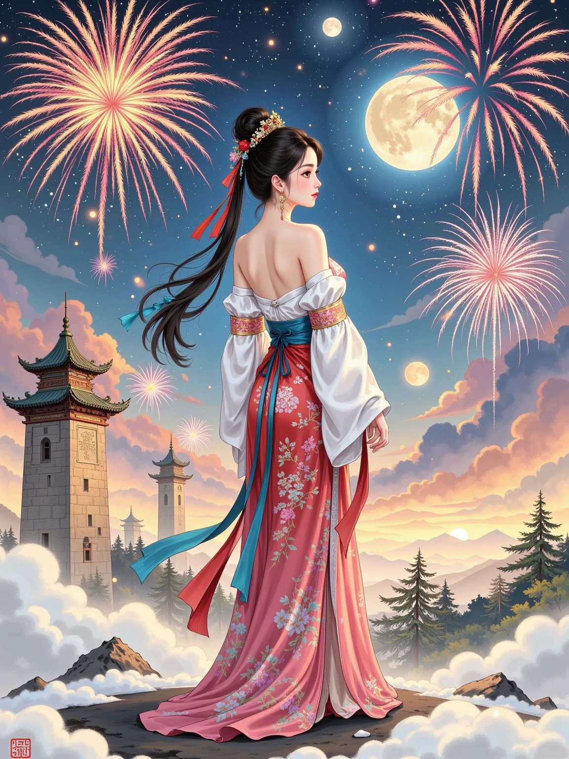 artistic conception，White Space，Rock Color，Gold Leaf， color particles , color curve ，Chen Jialing,Dark Night Glow,Neon colors ，close up， Fireworks blooming in the sky ，Fireworks，(((Back view of a woman)))，( Many little koi float and swim:1.5，Seven color tones，Gold lines ，Shine,Revea,Self-illumination, flowing lines , Master Composition ， Super dreamy colors ，Colorful Lights and Shadows， Extreme Details ，Finely engraved ，8k HD， high quality