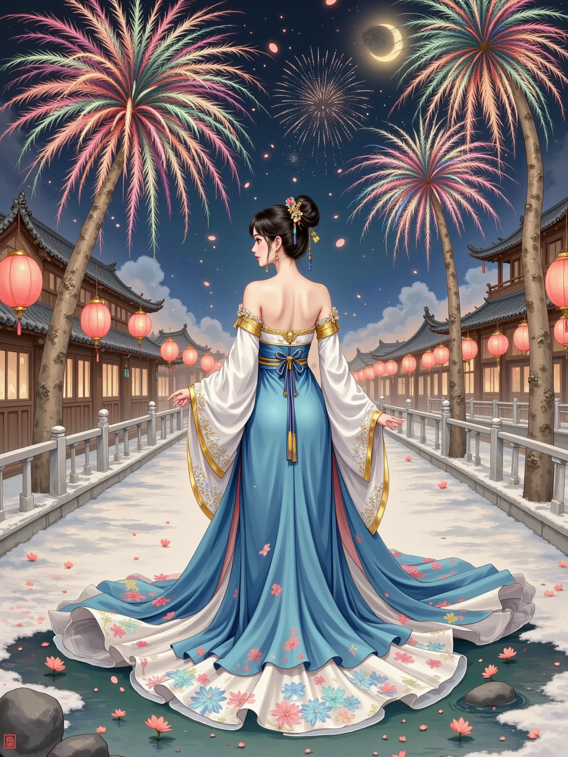 artistic conception，White Space，Rock Color，Gold Leaf， color particles , color curve ，Chen Jialing,Dark Night Glow,Neon colors ，close up， Fireworks blooming in the sky ，Fireworks，(((Back view of a woman)))，( Many little koi float and swim:1.5，Seven color tones，Gold lines ，Shine,Revea,Self-illumination, flowing lines , Master Composition ， Super dreamy colors ，Colorful Lights and Shadows， Extreme Details ，Finely engraved ，8k HD， high quality