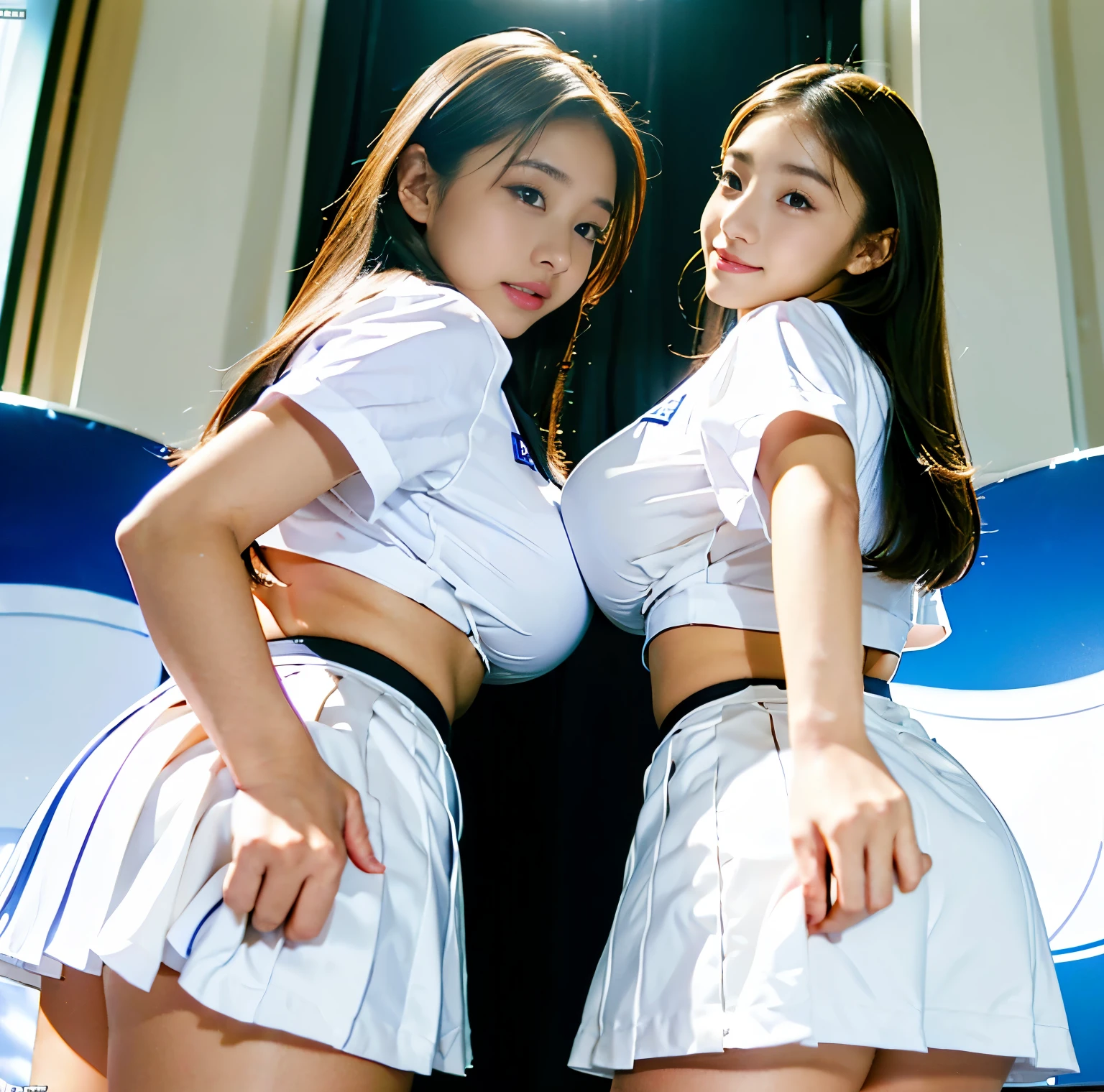 8K quality,  Pro Pictures,  2 beautiful girls for both, Above the knee, ( The two are wearing tight, wrinkle-free white uniforms of high school girls:1.2),   pleated miniskirt, (The two face back to the camera and show off their butts ). Beautiful Hair, Big Breasts with High Chest Position , Photograph, 