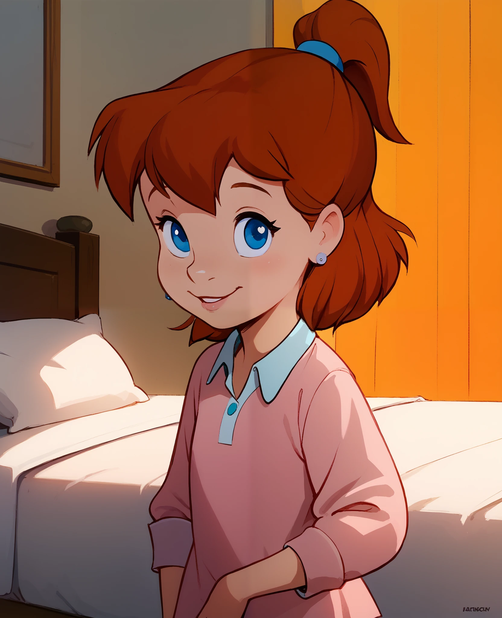 score_8, score_9, jenny, 1 girl, solo, brown hair, ponytail, blue eyes, earrings, standing, in bedroom, smile, pink pajamas dress,