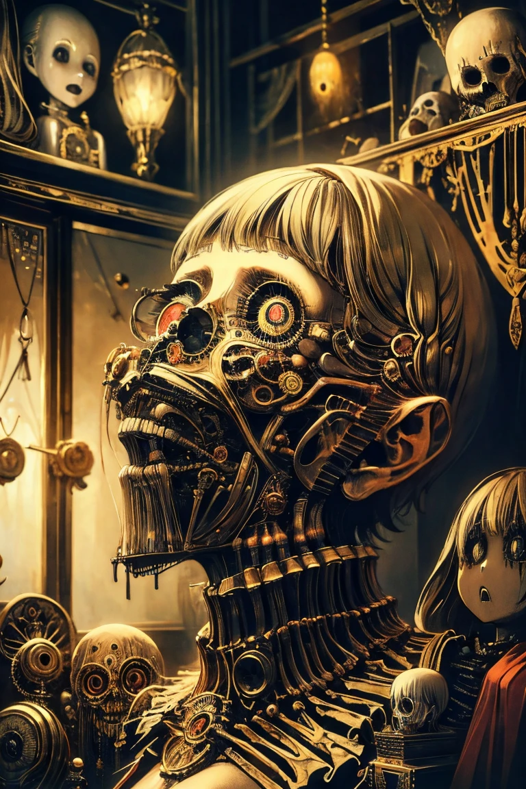 masterpiece ,   Machine doll girl takes off her mask。Granguignol  inspired creepy girl ball joint doll、 A girl doll with a broken 、clock work doll, Horror movies puppet show, 